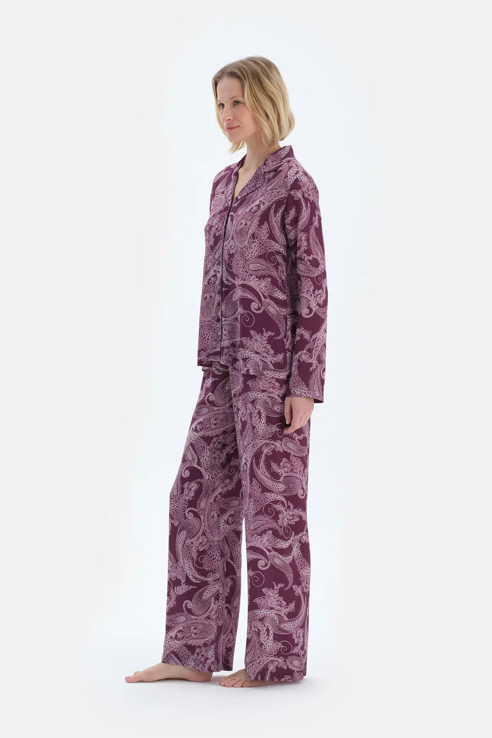 Mürdüm Şal Desenli Dokuma Pantolon Pijama Altı