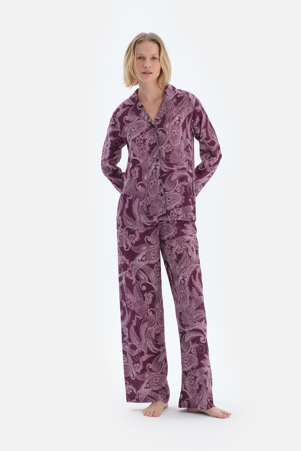 Mürdüm Şal Desenli Dokuma Pantolon Pijama Altı