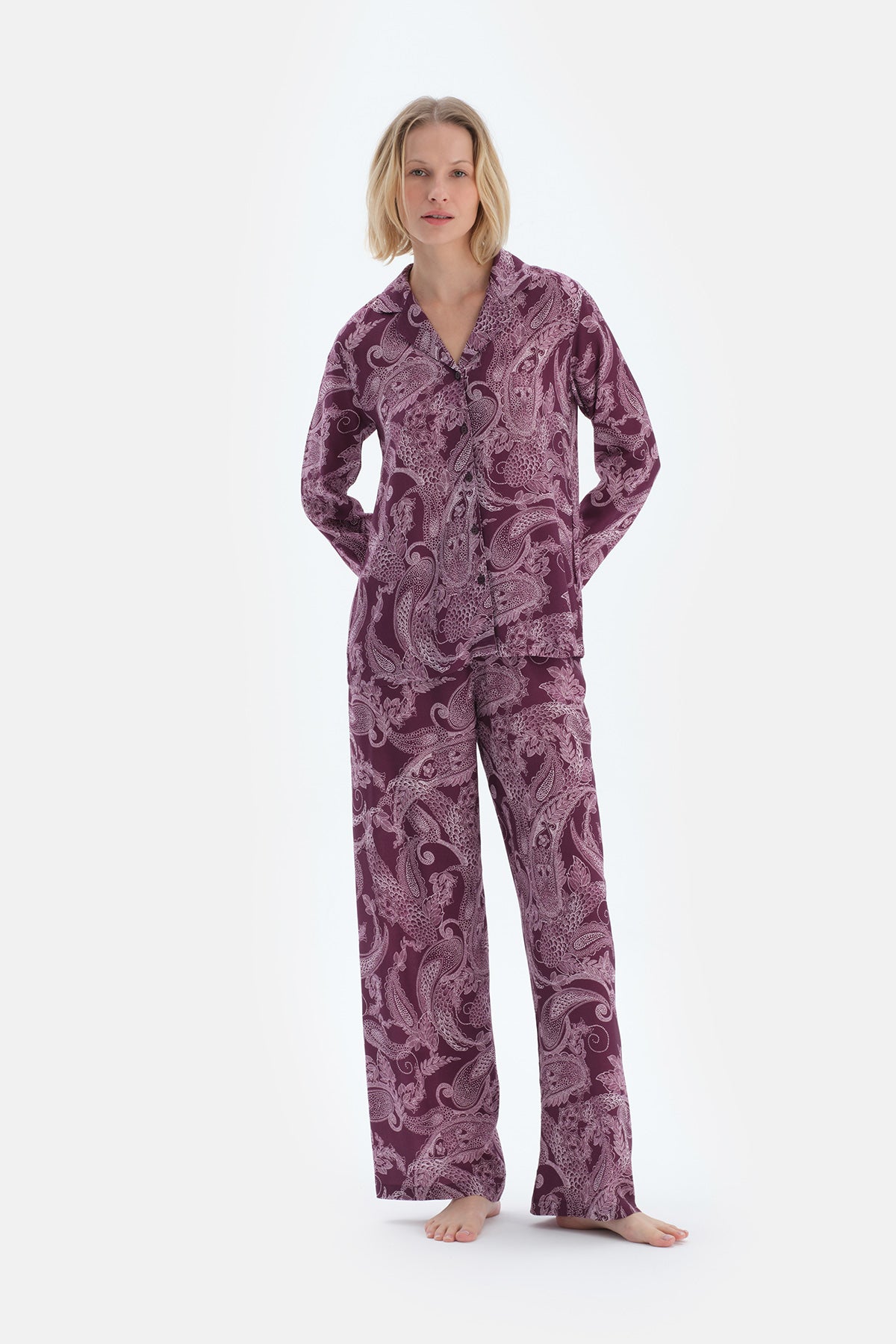 Mürdüm Şal Desenli Dokuma Pantolon Pijama Altı