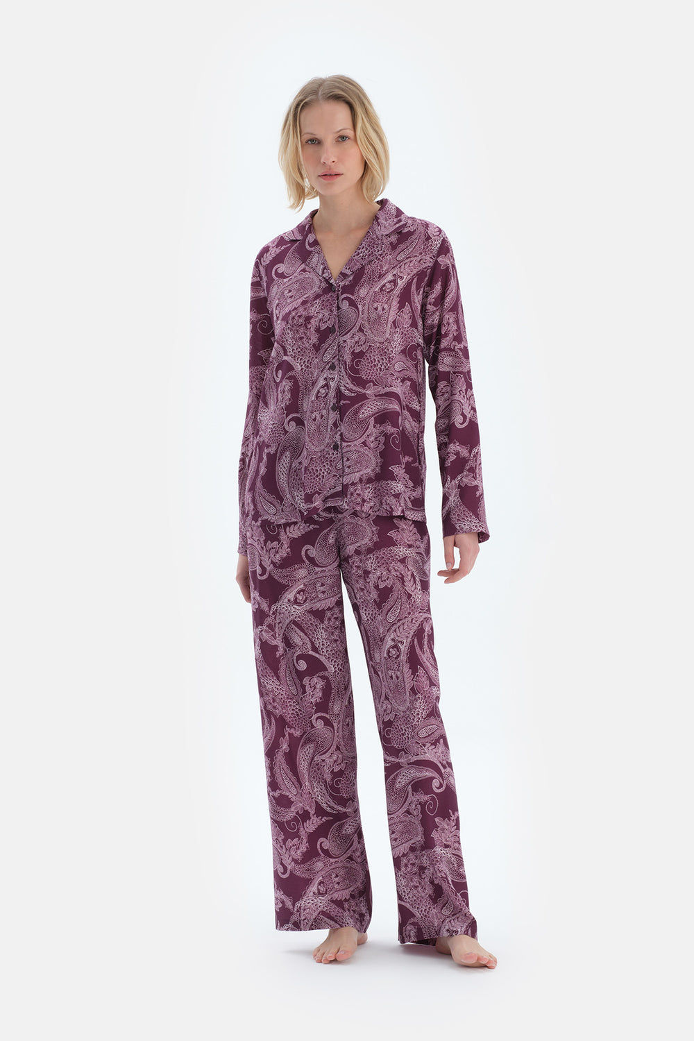 Mürdüm Şal Desenli Dokuma Pantolon Pijama Altı
