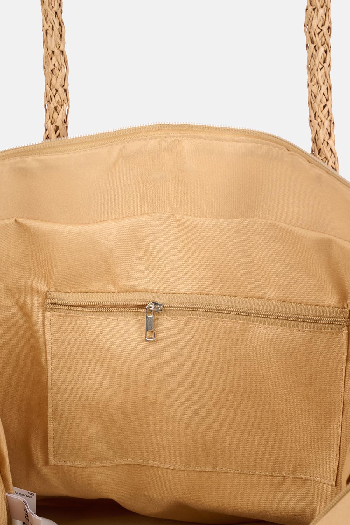 Bej-Ekru Kadın Kalın Çizgili Hasır Plaj Çantası