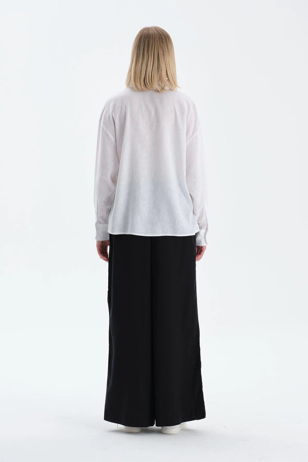 Kırık Beyaz Uzun Kollu Keten Lyocell Karışımlı  Dokuma Gömlek