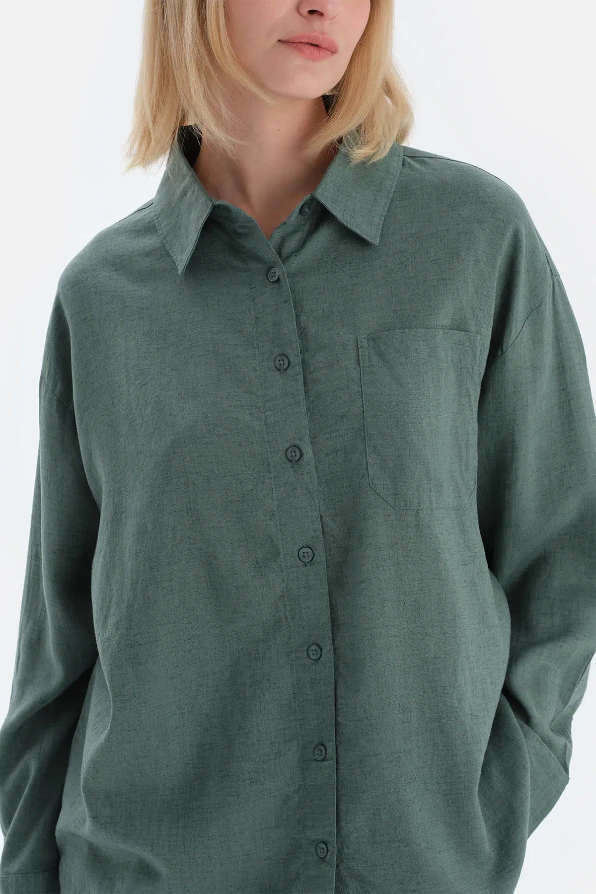 Yeşil Uzun Kollu Keten Lyocell Karışımlı  Dokuma Gömlek