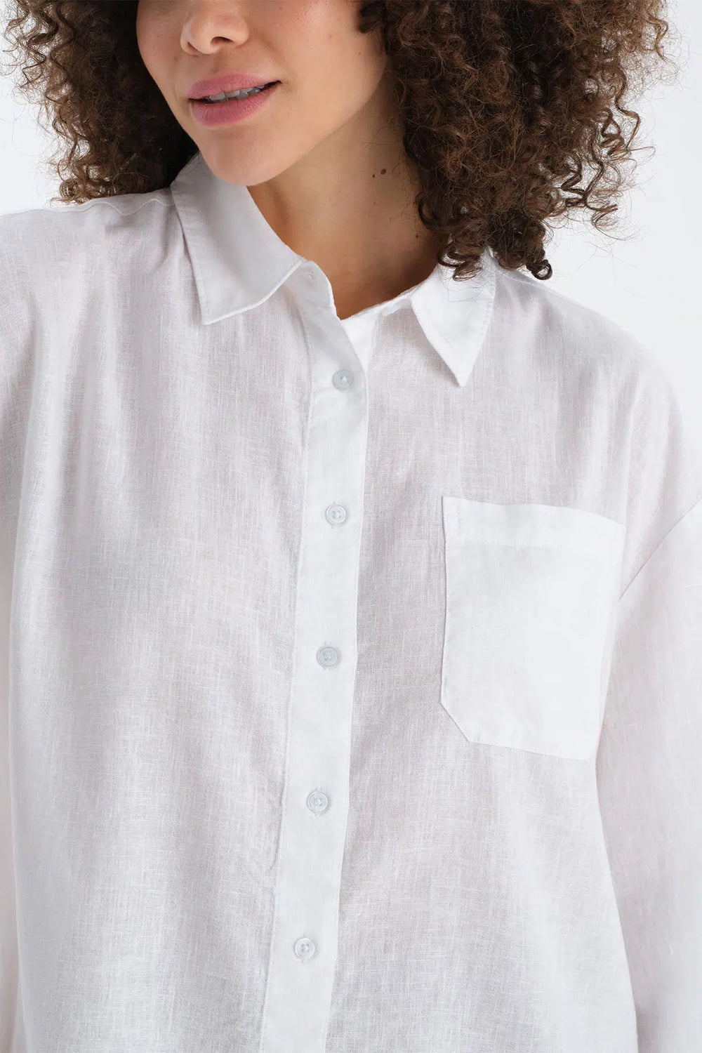 Kırık Beyaz Uzun Kollu Keten Lyocell Karışımlı Dokuma Gömlek