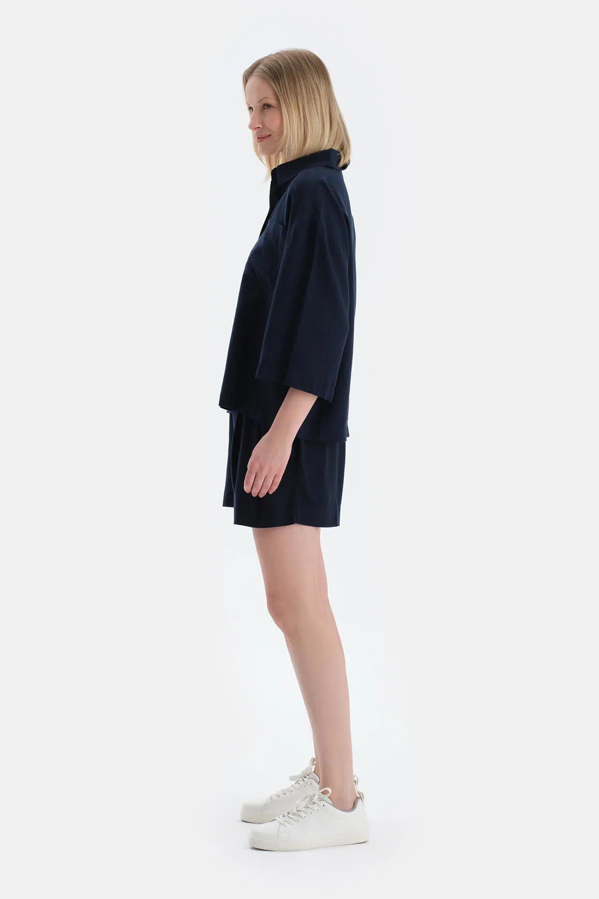 Lacivert Uzun Kollu Keten Lyocell Karışımlı Dokuma Gömlek