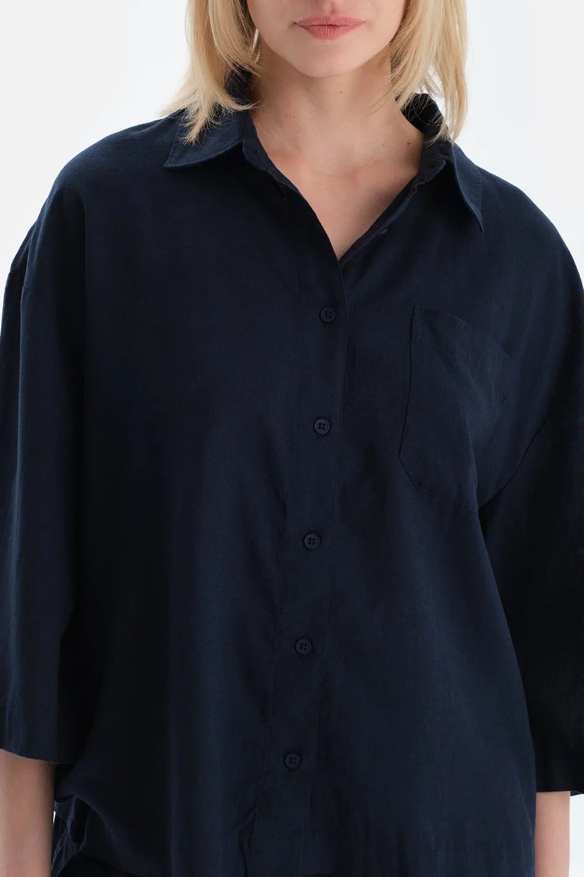 Lacivert Uzun Kollu Keten Lyocell Karışımlı Dokuma Gömlek