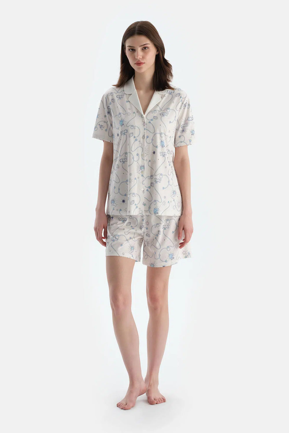 Ekru Metraj Baskılı Penye Modal Gömlek Şort Pijama Takımı