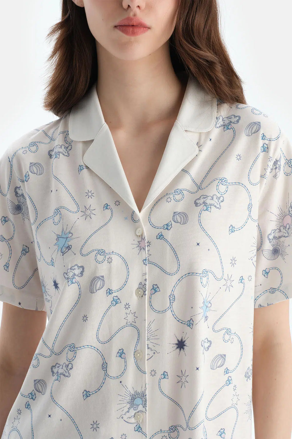 Ekru Metraj Baskılı Penye Modal Gömlek Şort Pijama Takımı