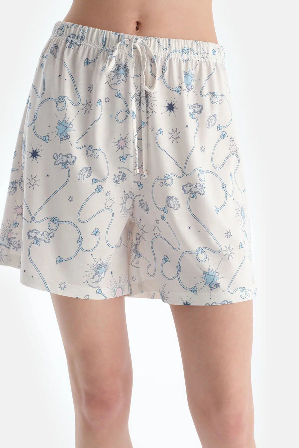 Ekru Metraj Baskılı Penye Modal Gömlek Şort Pijama Takımı