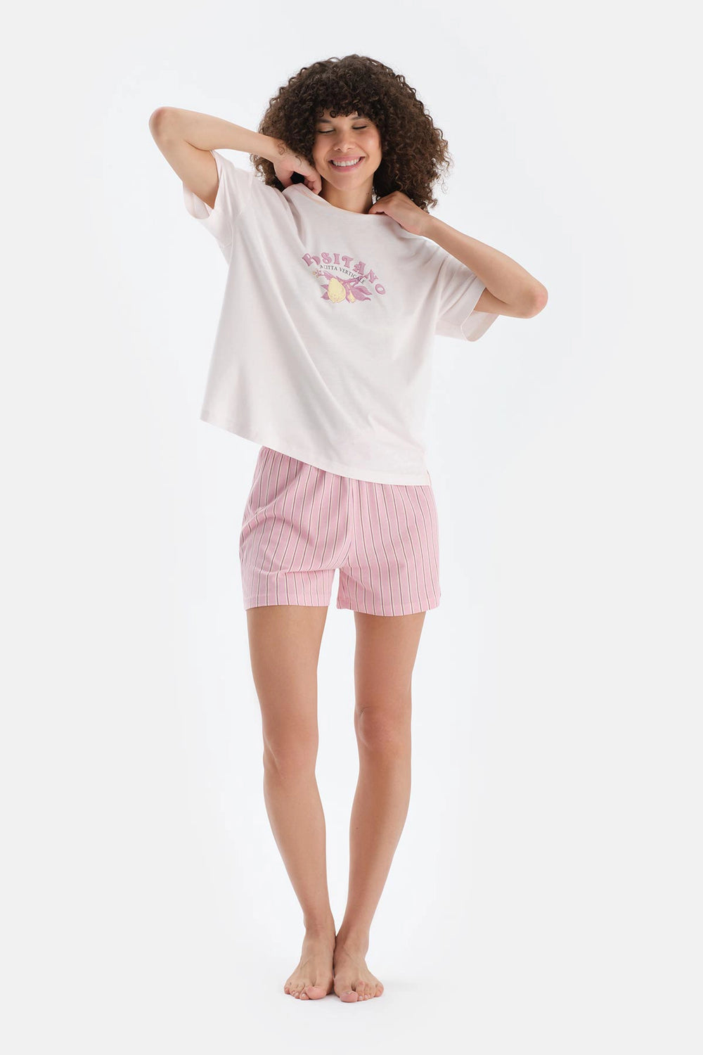 Açık Pembe Baskı Detaylı Kısa Kollu Tişört Şort Pijama Takımı