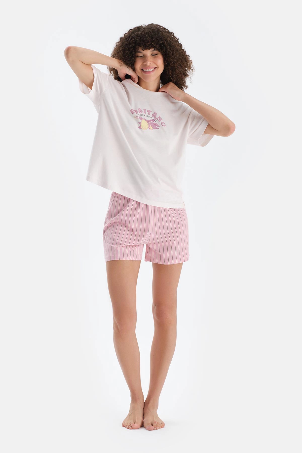 Açık Pembe Baskı Detaylı Kısa Kollu Tişört Şort Pijama Takımı