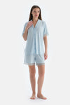 Açık Mavi Dantel Detaylı Kısa Kollu Gömlek Şort Pijama Takımı