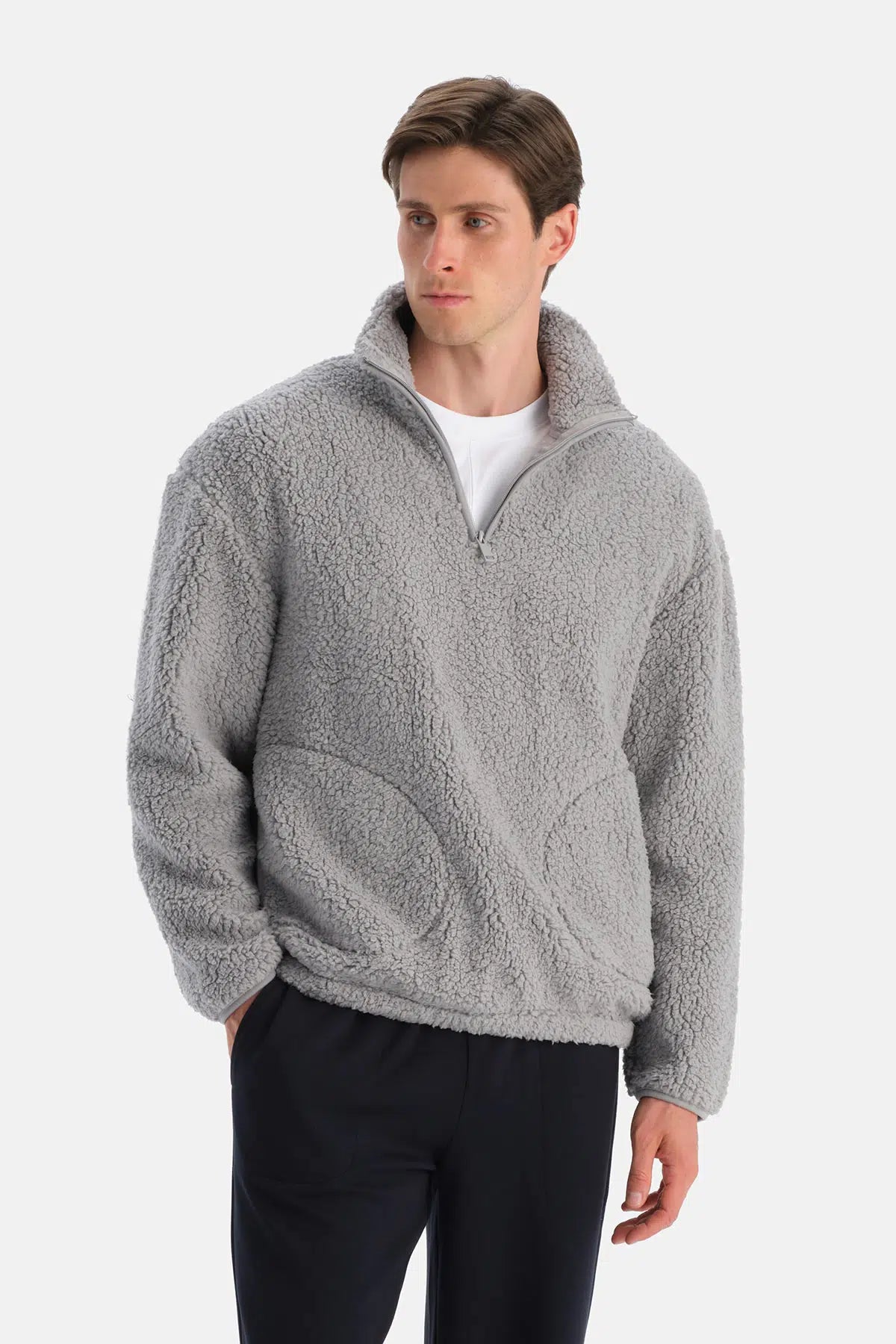 Açık Gri Erkek Yarım Fermuarlı Sweatshırt