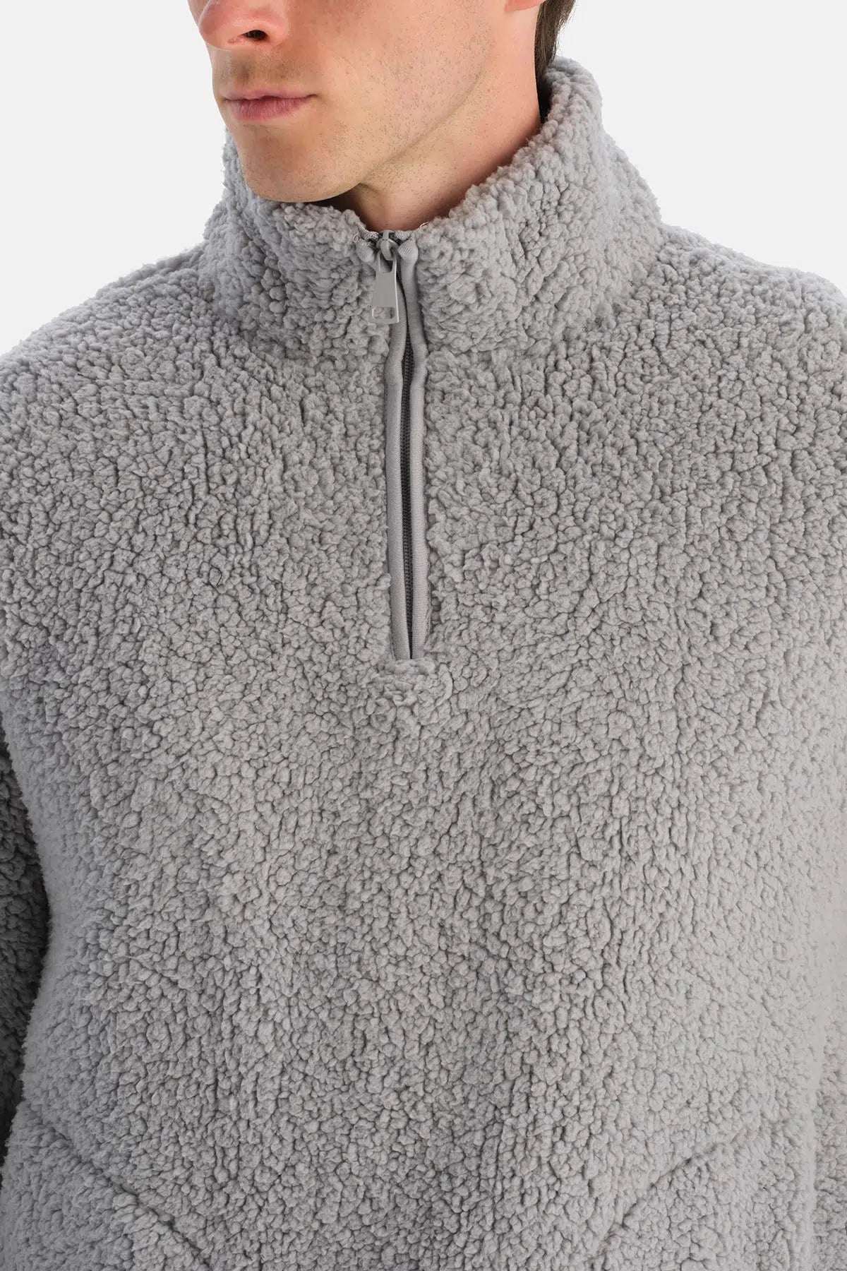 Açık Gri Erkek Yarım Fermuarlı Sweatshırt