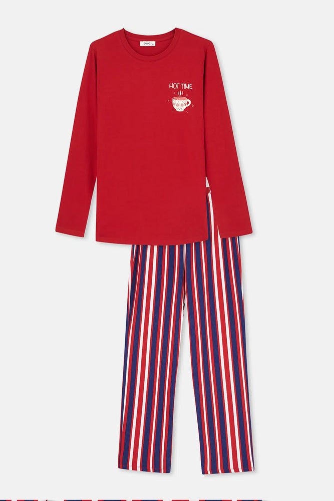 Kırmızı Kadın Uzun Kollu Pijama Tk.