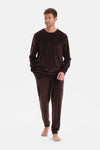 Kahverengi Bisiklet Yaka Uzun Kollu Kadife Tişört Pantolon Pijama Takımı