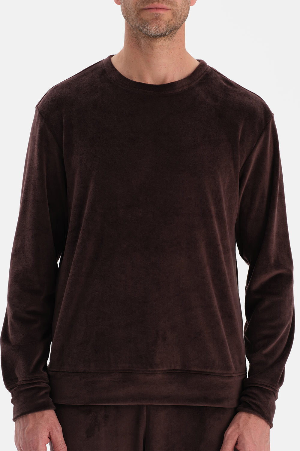 Kahverengi Bisiklet Yaka Uzun Kollu Kadife Tişört Pantolon Pijama Takımı