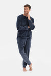 Lacivert Bisiklet Yaka Uzun Kollu Kadife Tişört Pantolon Pijama Takımı