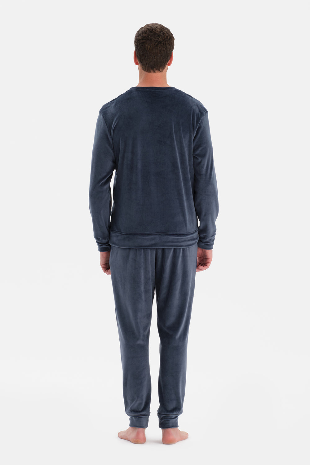 Lacivert Bisiklet Yaka Uzun Kollu Kadife Tişört Pantolon Pijama Takımı