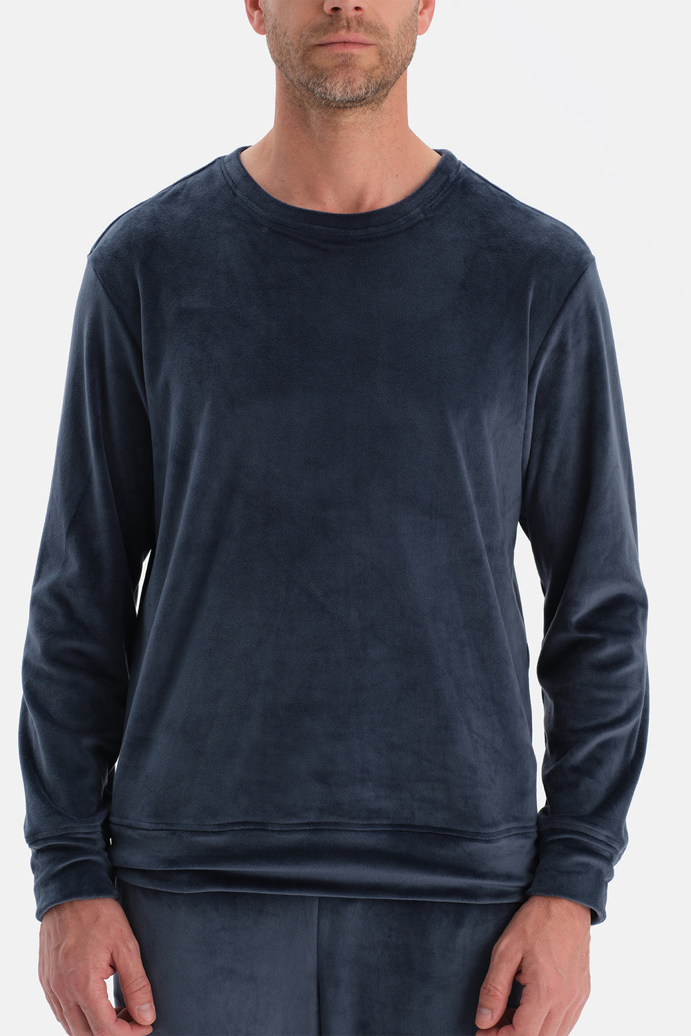 Lacivert Bisiklet Yaka Uzun Kollu Kadife Tişört Pantolon Pijama Takımı