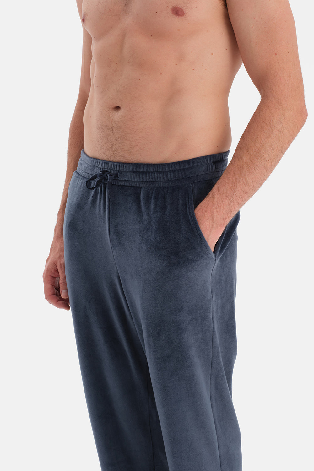 Lacivert Bisiklet Yaka Uzun Kollu Kadife Tişört Pantolon Pijama Takımı