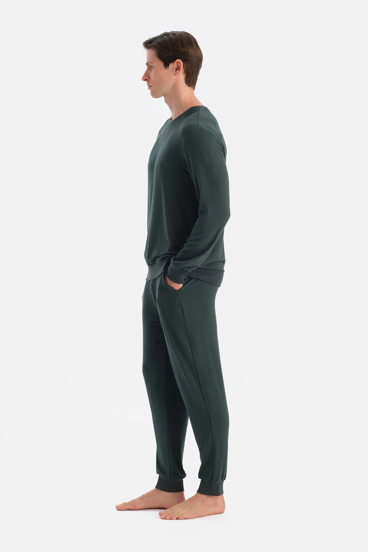 Koyu Yeşil DüDetaylı Uzun Kollu Tişört Pantolon Pijama Takımı