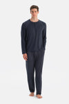 Lacivert Dikiş Detaylı Ve Patlı Termal Tişört Pantolon Pijama Takımı