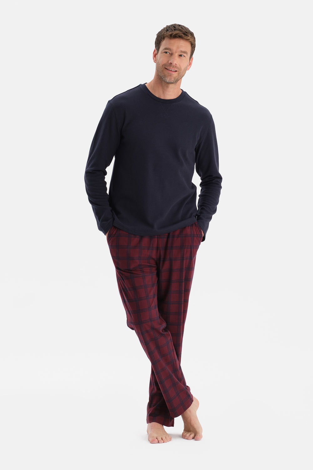 Lacivert Dikiş Detaylı Waffle Tişört Pantolon Pijama Takımı