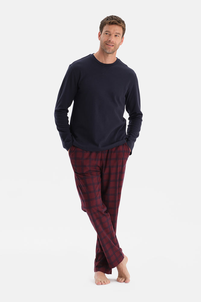 Lacivert Dikiş Detaylı Waffle Tişört Pantolon Pijama Takımı