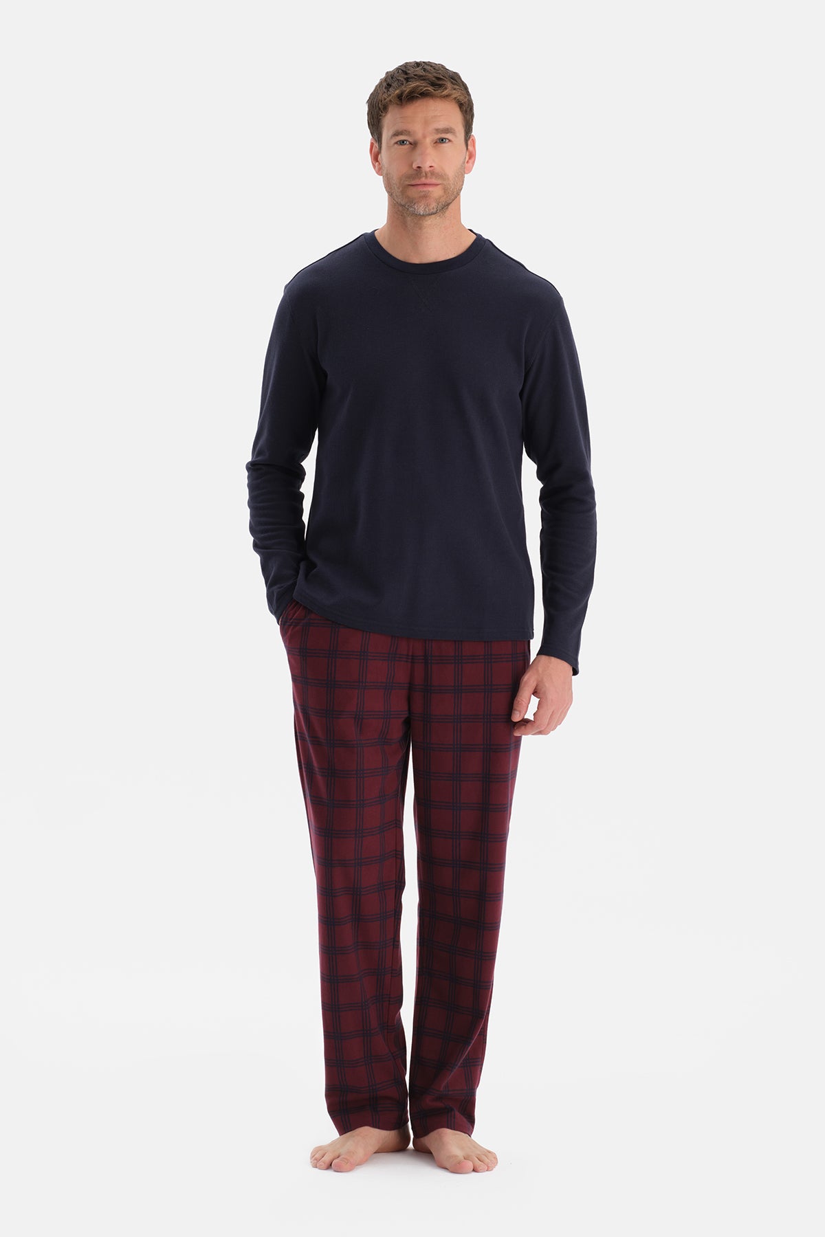 Lacivert Dikiş Detaylı Waffle Tişört Pantolon Pijama Takımı