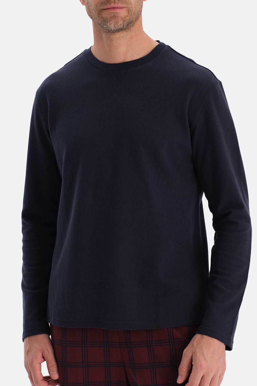 Lacivert Dikiş Detaylı Waffle Tişört Pantolon Pijama Takımı