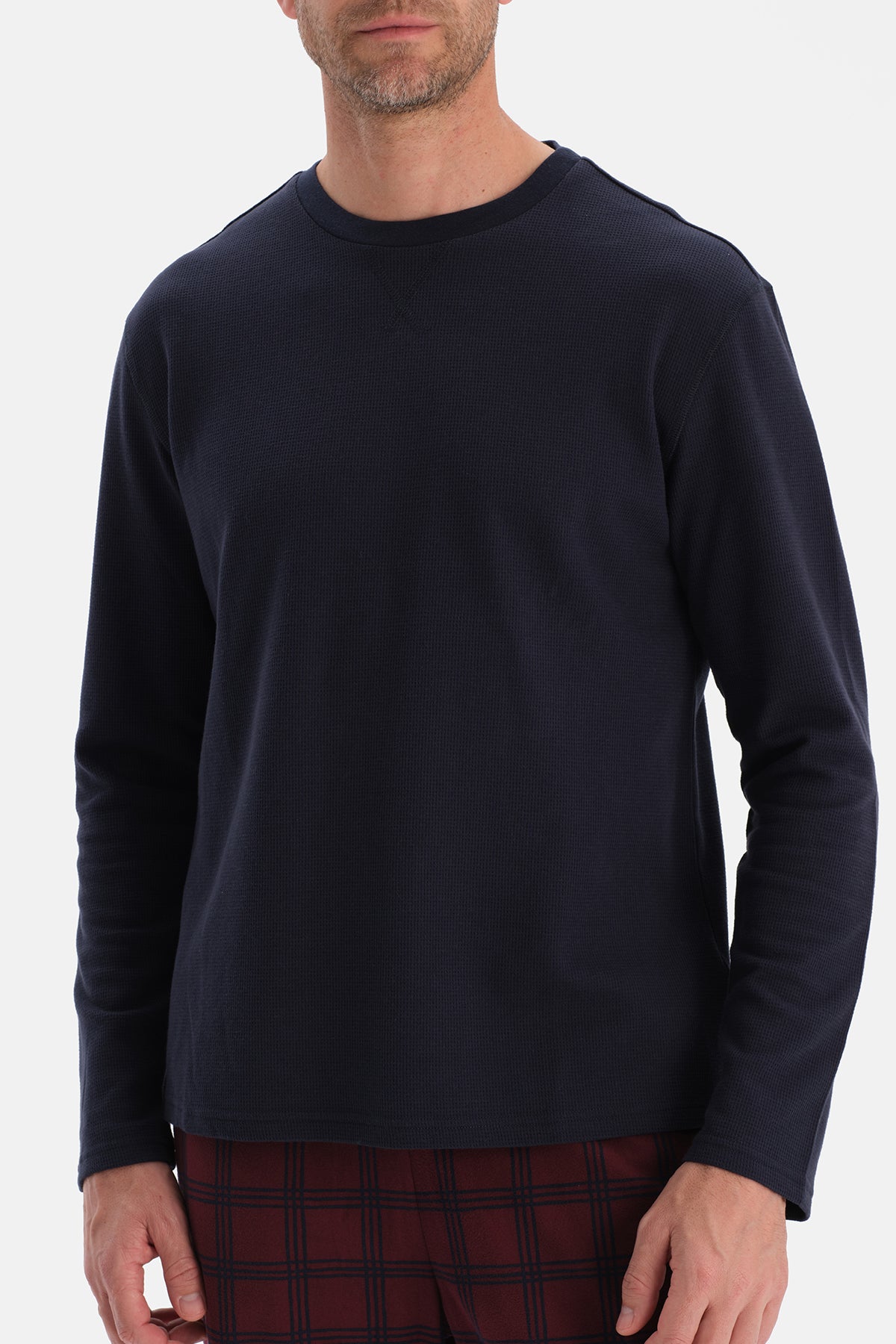 Lacivert Dikiş Detaylı Waffle Tişört Pantolon Pijama Takımı