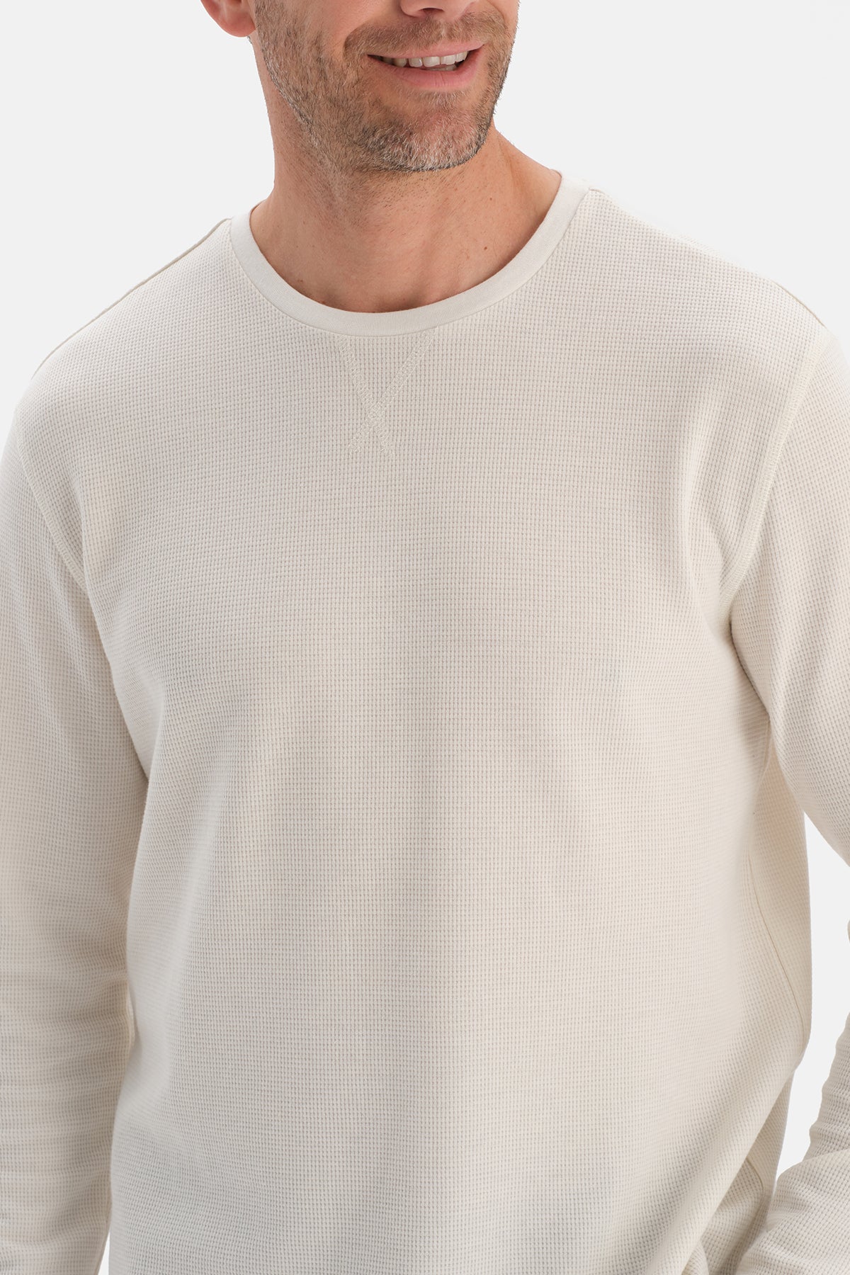 Ekru Dikiş Detaylı Waffle Tişört Pantolon Pijama Takımı