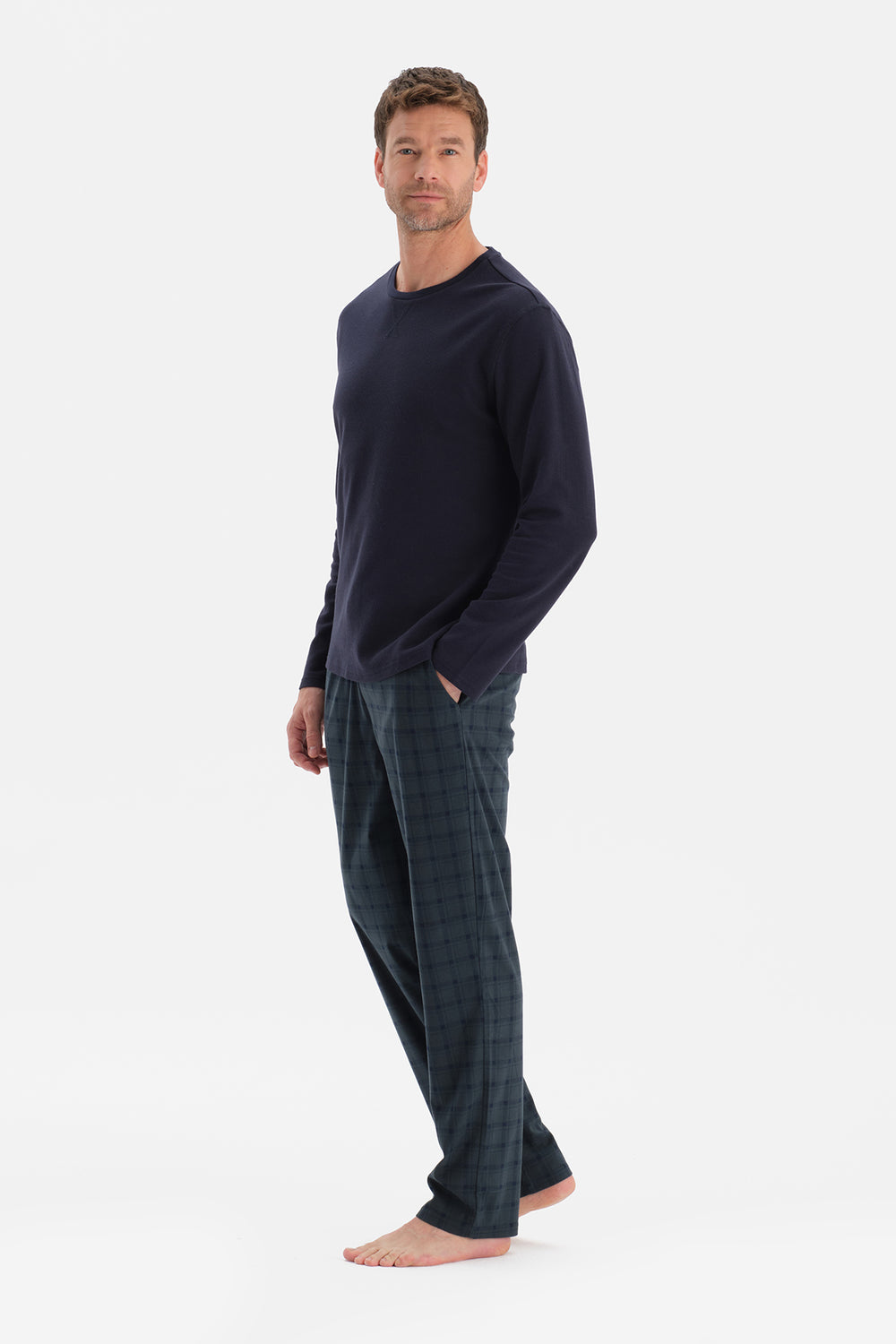 Lacivert Dikiş Detaylı Waffle Tişört Pantolon Pijama Takımı