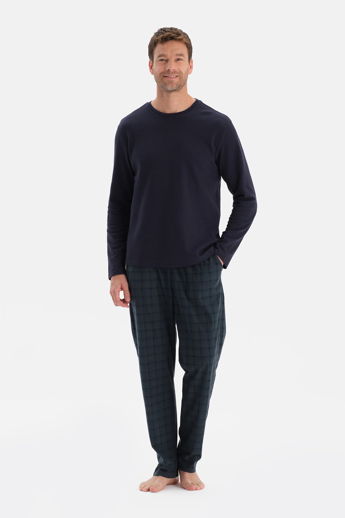 Lacivert Dikiş Detaylı Waffle Tişört Pantolon Pijama Takımı