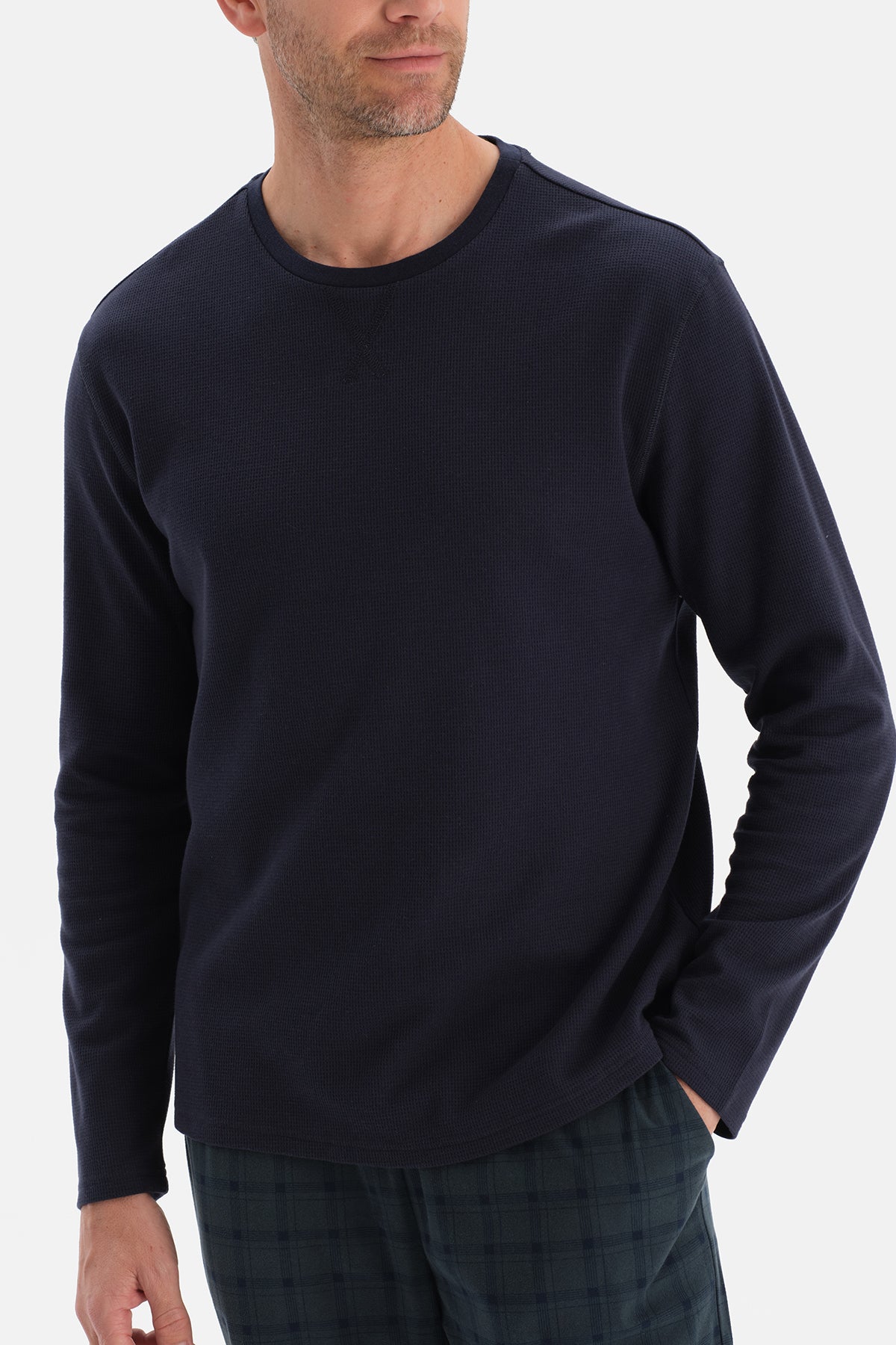 Lacivert Dikiş Detaylı Waffle Tişört Pantolon Pijama Takımı