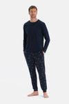 Lacivert Dikiş Detaylı Uzun Kollu Termal Tişört Pantolon Pijama Takımı