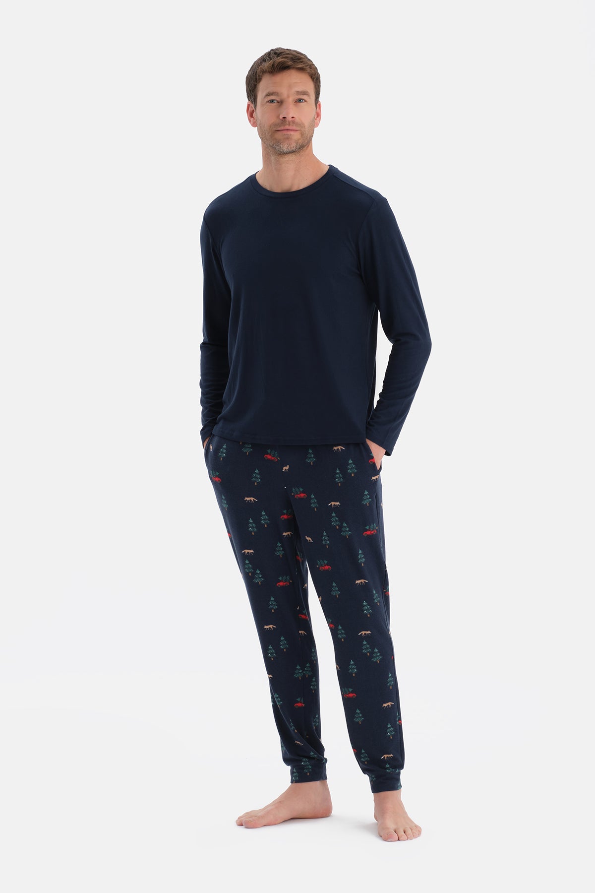 Lacivert Dikiş Detaylı Uzun Kollu Termal Tişört Pantolon Pijama Takımı