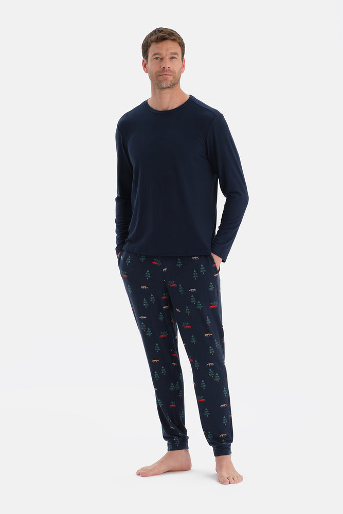 Lacivert Dikiş Detaylı Uzun Kollu Termal Tişört Pantolon Pijama Takımı