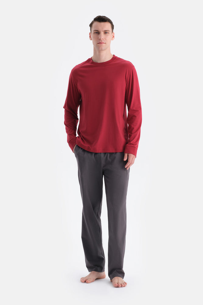 Bordo Triko Bantlı Tişört Pantolon Takım