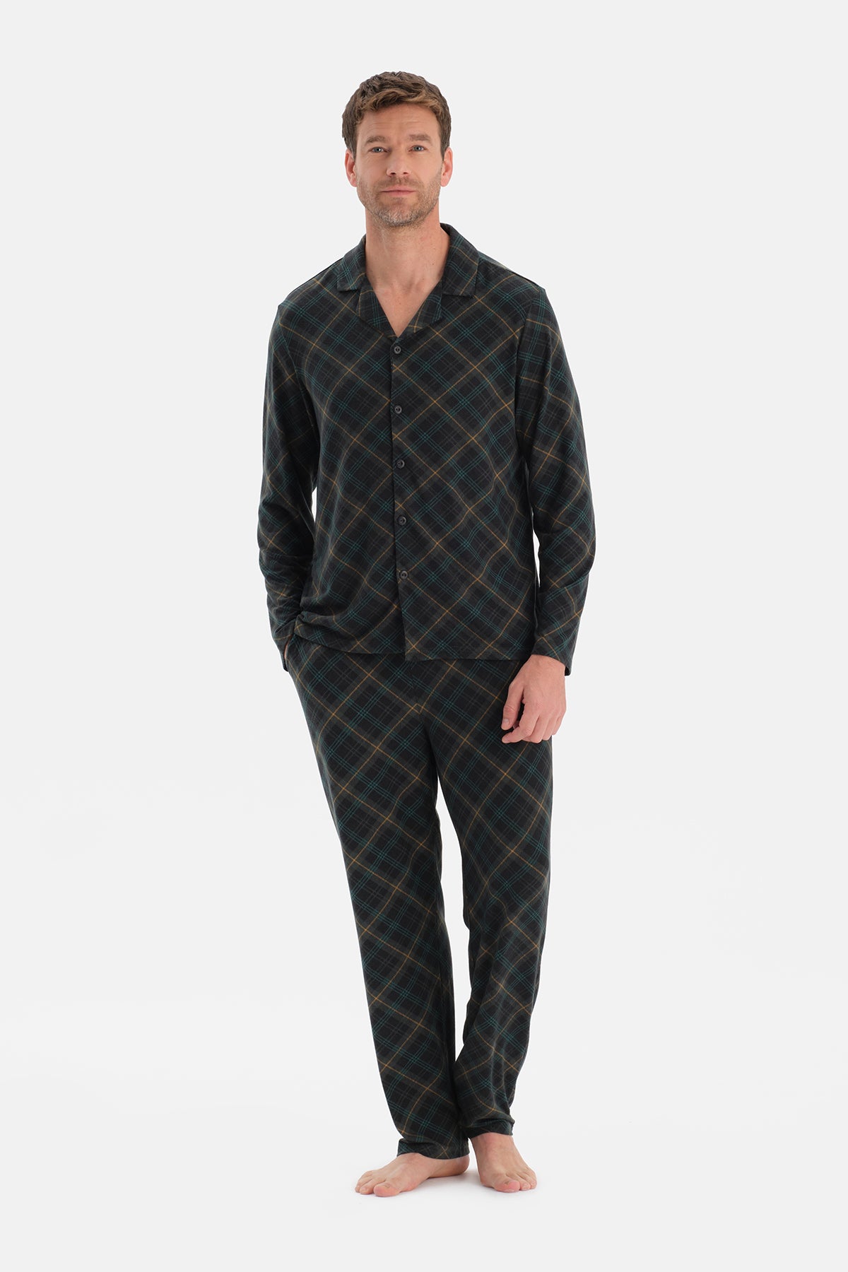 Koyu Yeşil Ekose Termal Gömlek Pantolon Pijama Takımı