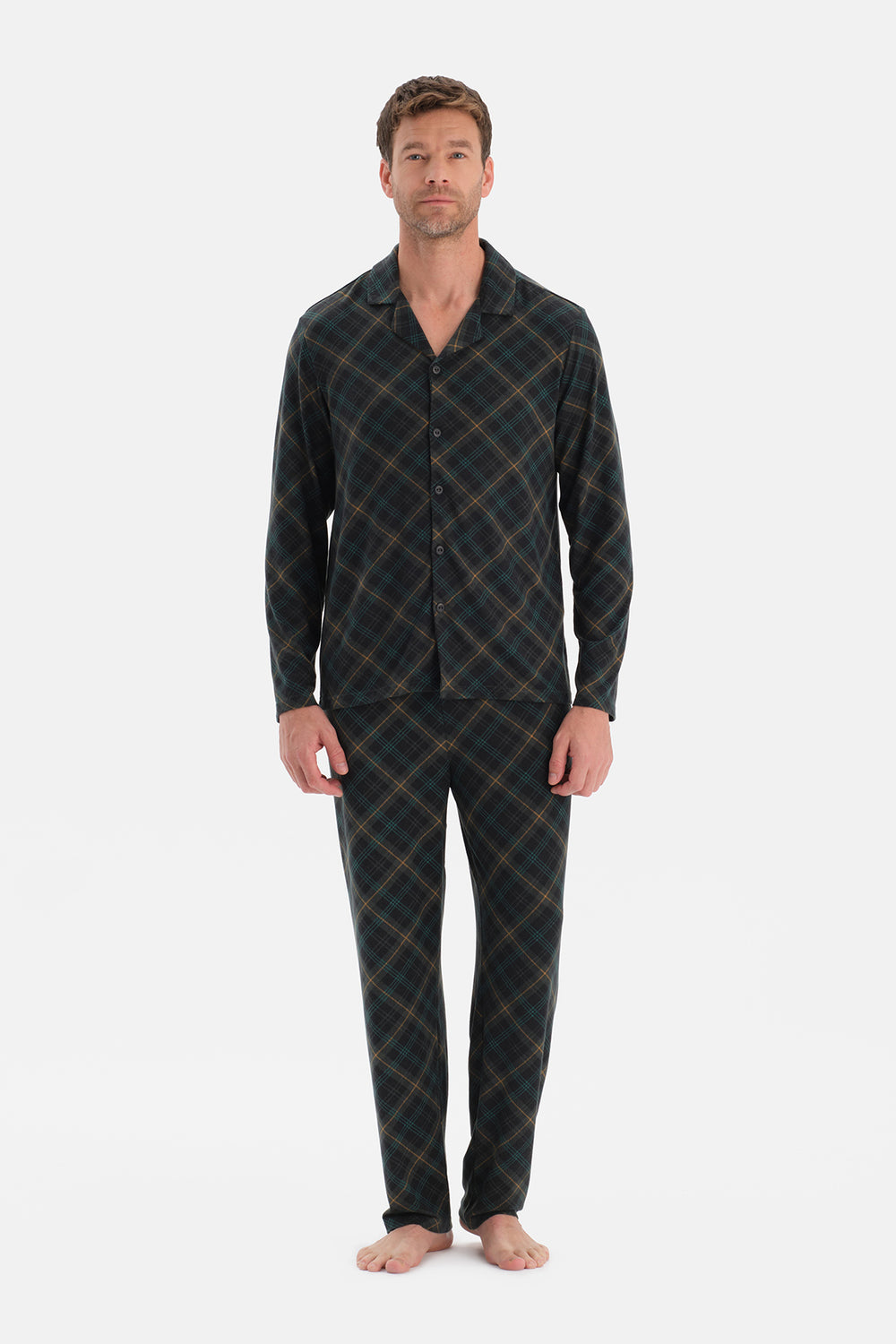 Koyu Yeşil Ekose Termal Gömlek Pantolon Pijama Takımı