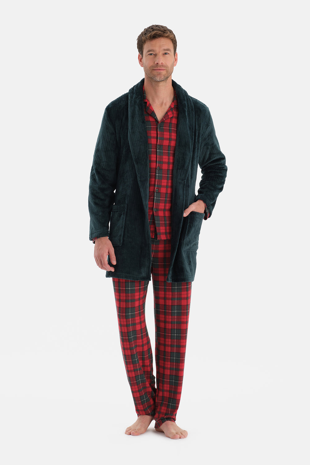 Koyu Yeşil Çizgi Görünümlü Polar Sabahlık