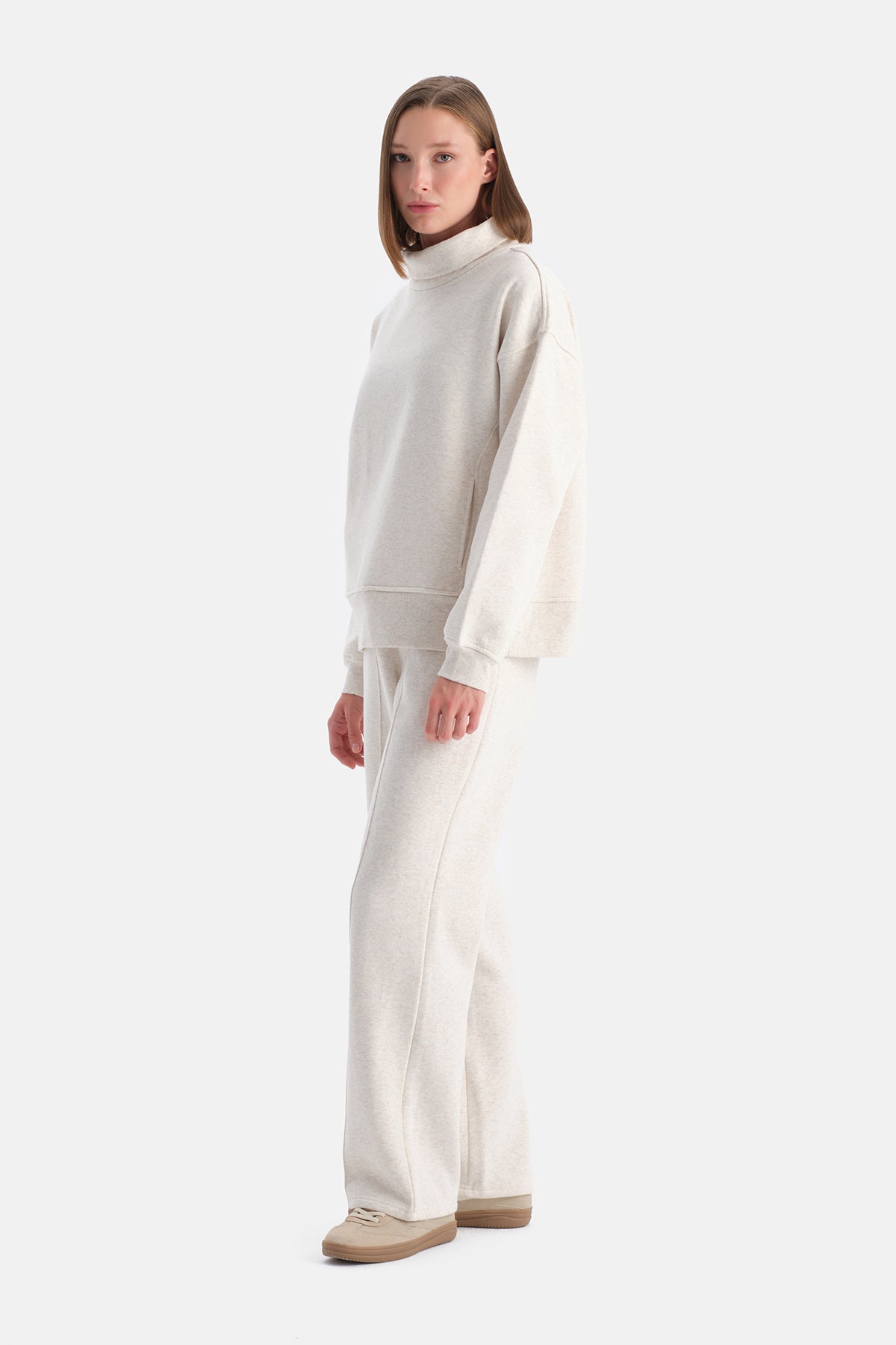 Ekru Melanj Travel Üç İplik Nervürlü Pantolon