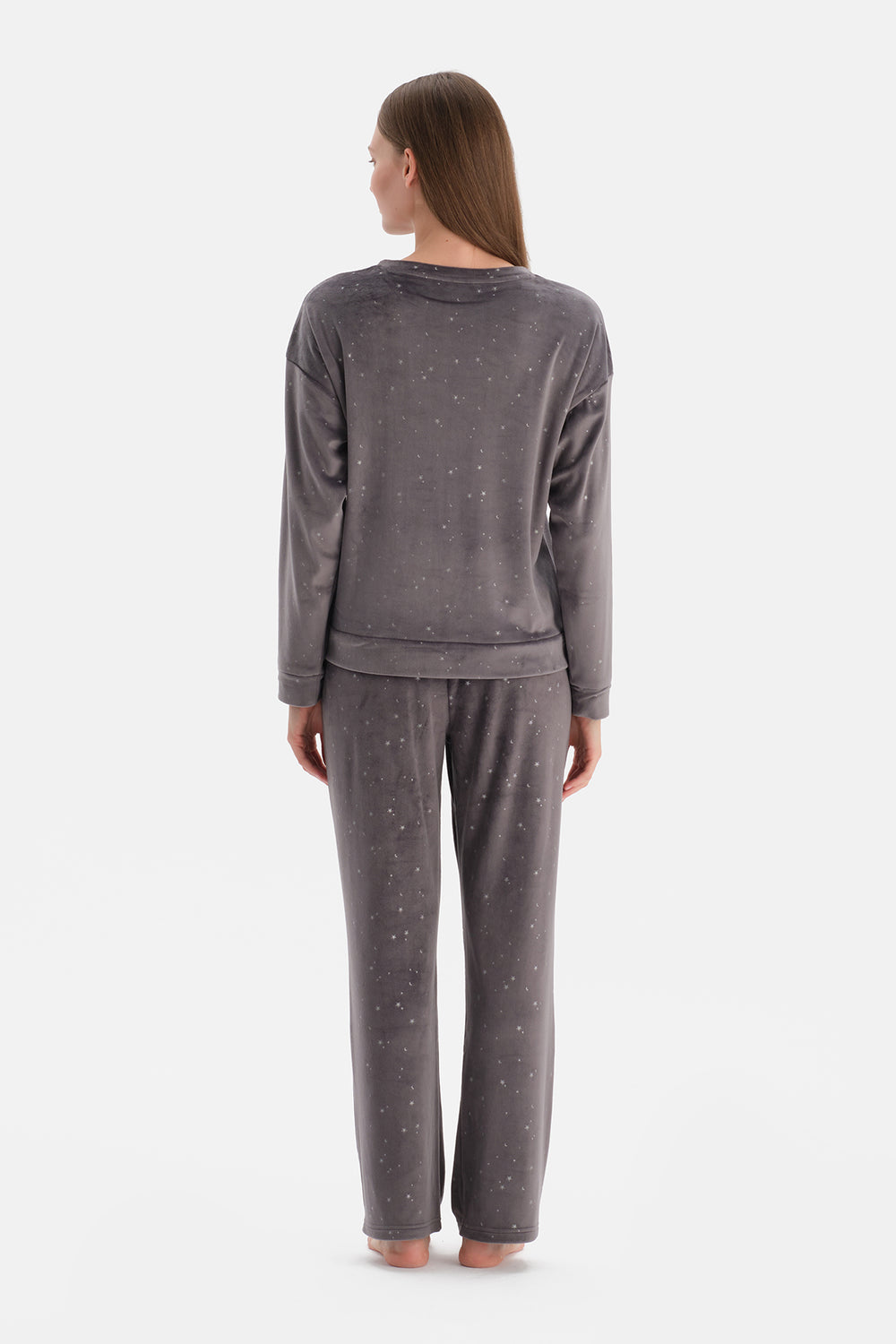 Siyah Parlak Yıldız Baskılı Kadife Tişört Pantolon Pijama Takımı