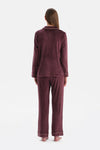 Bordo Biye Detaylı Kadife Gömlek Pantolon Pijama Takımı