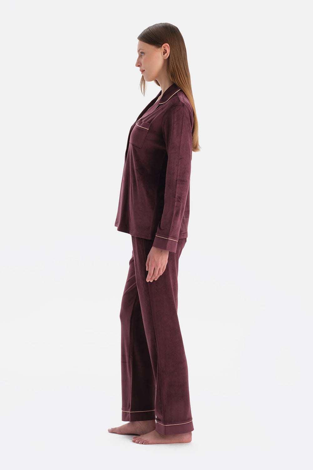 Bordo Biye Detaylı Kadife Gömlek Pantolon Pijama Takımı
