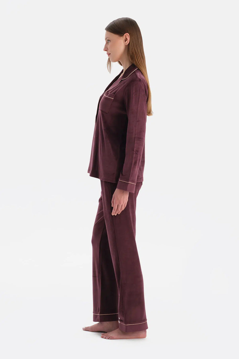 Bordo Biye Detaylı Kadife Gömlek Pantolon Pijama Takımı
