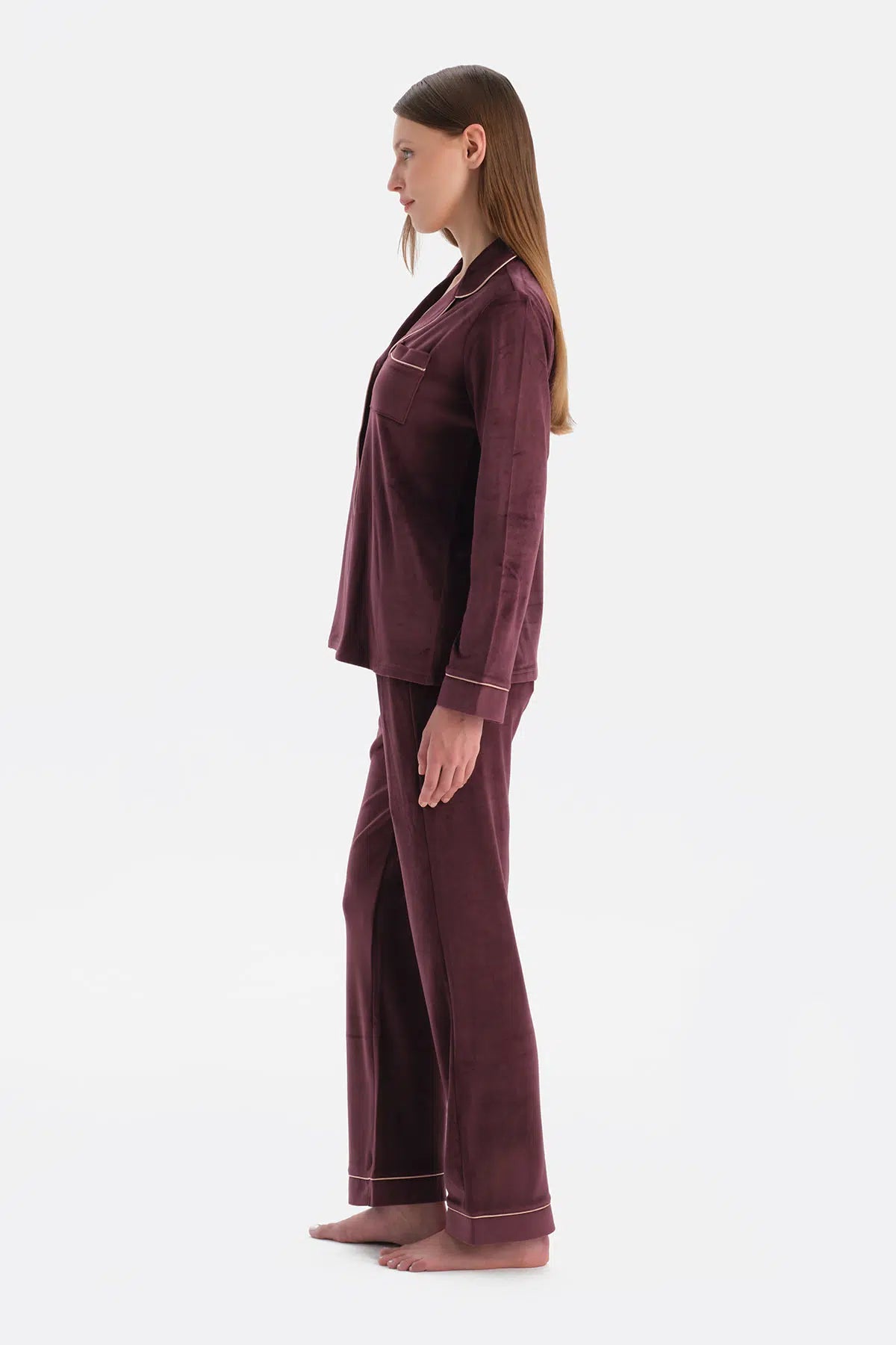 Bordo Biye Detaylı Kadife Gömlek Pantolon Pijama Takımı