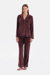 Bordo Biye Detaylı Kadife Gömlek Pantolon Pijama Takımı